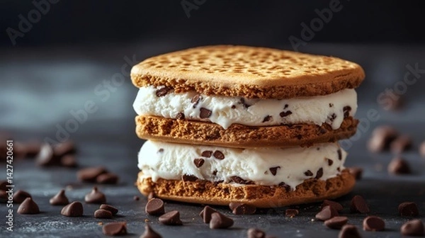 Fototapeta Two chocolate chip ice cream sandwiches stacked on dark surface