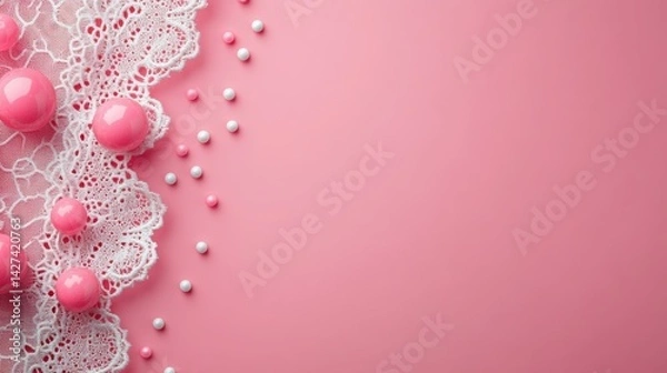 Fototapeta Delicate Lace and Colorful Beads on Soft Pink Background
