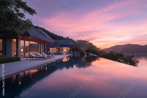 Fototapeta Luxury villa with infinity pool at sunset overlooking mountains and lake
