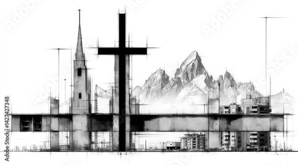 Fototapeta Abstract Double Exposure Art of Modern Architecture and Mountains with Doodle Style Elements