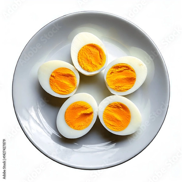 Fototapeta 5 Hard Boiled Egg Slice into Half in top of White Plate White Background