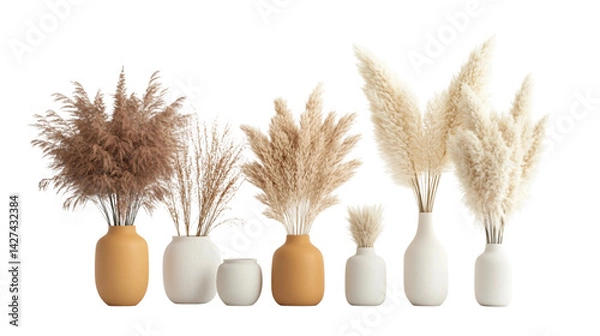 Fototapeta Pack of Pampas Grass Arrangements in Vases on white and transparent background