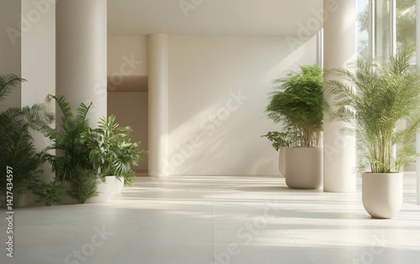 Fototapeta A serene interior space featuring lush green plants in elegant pots, enhancing the calm ambiance of modern architecture.