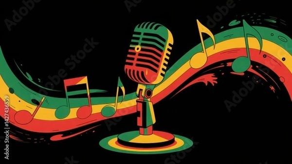 Obraz Vintage Microphone Digital Illustration with Music Notes and Vibrant Colors
