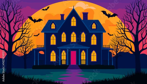 Obraz Haunted house with spooky atmosphere and bats against sunset  