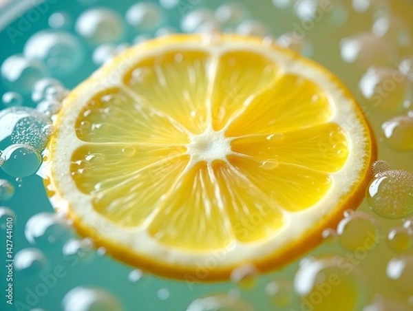 Obraz A close-up view of a lemon slice floating in a fizzy beverage, showcasing bubbles and vibrant colors.