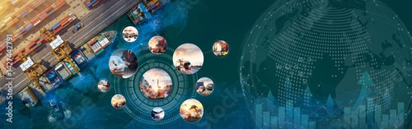 Obraz World map with logistic network distribution on background. Logistic and transport concept in front Logistics Industrial Container Cargo freight ship for Concept of fast or instant shipping