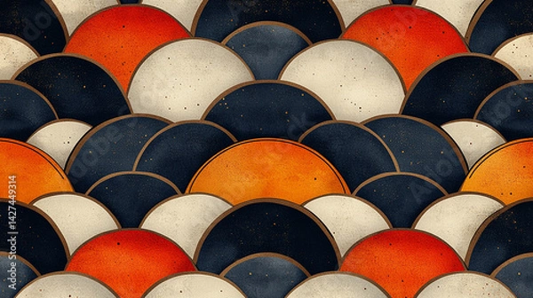 Fototapeta Abstract, textured, overlapping, circular, waves, pattern, in orange, red, cream, and navy.