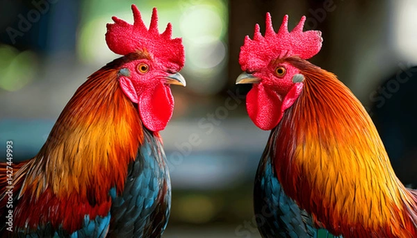 Fototapeta Closeup Illustration of 2 Rooster Prepare for Fight With Bokeh Background
