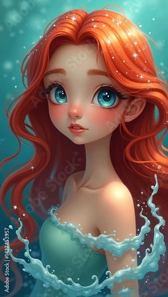 Fototapeta  fantasy girl with long, flowing deep red hair sparkling with white star underwater background
