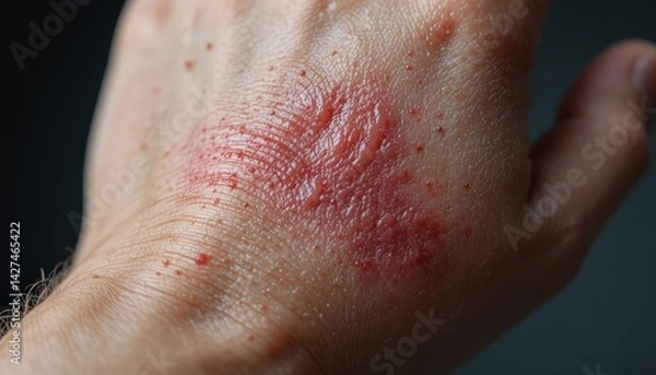 Fototapeta Red, irritated rash covers the palm and back of a hand.