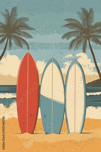 Fototapeta Three colorful surfboards standing on the beach with palm trees