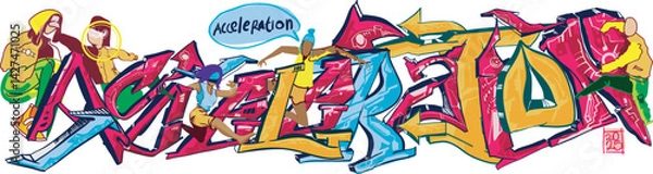 Fototapeta Graffiti vector illustration of word Acceleration, with some athlete poses that represent acceleration.