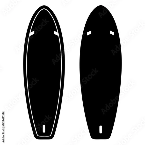 Fototapeta Two sleek black surfboard silhouettes presented against a plain white backdrop