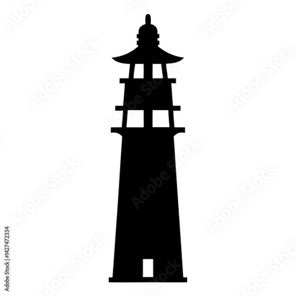 Fototapeta Monochrome silhouette of a three story pagoda architecture, simple design element