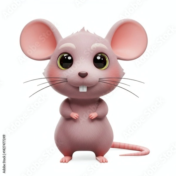 Obraz Cartoon Mouse Standing Upright with Big Eyes on White Background