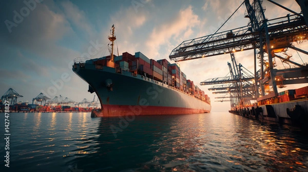 Obraz 朝日や夕暮れの港で荷役中の大型コンテナ船とグローバル物流の風景航海運搬
