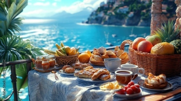 Obraz A beautifully set breakfast table overlooking a turquoise sea view