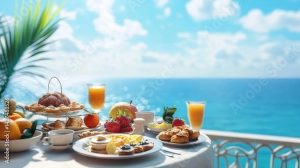 Obraz A beautifully set breakfast table overlooking a turquoise sea view