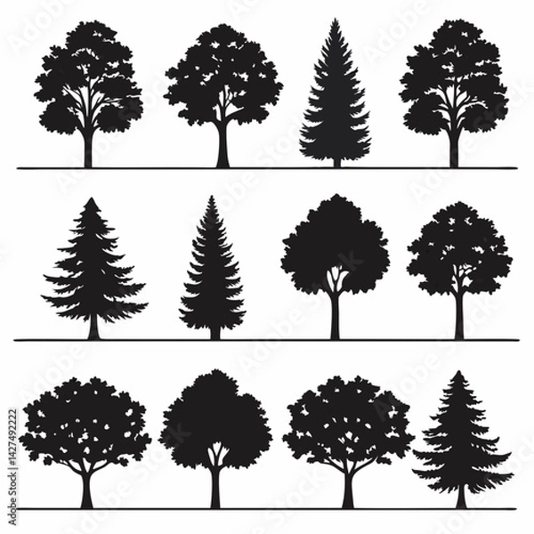 Fototapeta Set of 20 Black Silhouette Tree Figures