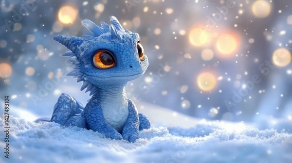 Obraz A cute, small, blue dragon with large amber eyes, tiny wings, and red inner ears sits in the snow.