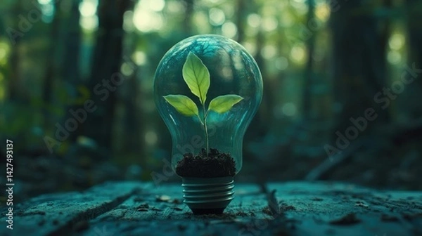 Fototapeta a green light bulb with a plant inside of it, green energy, environmental light