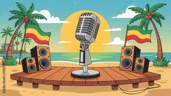 Obraz Retro Microphone and Speakers on a Tropical Beach with Palm Trees and Sunset