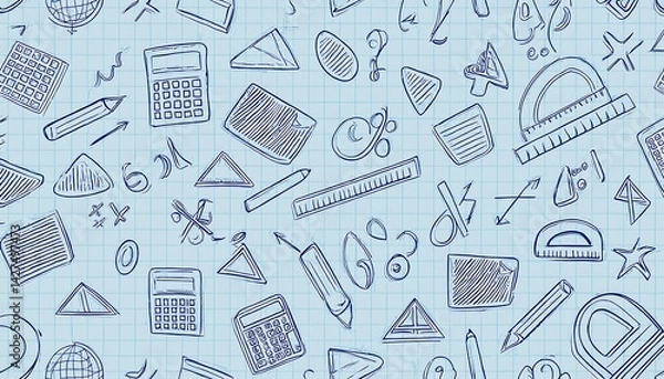 Fototapeta Hand-Drawn School Supplies Background with Calculators, Rulers, and Geometry Shapes
