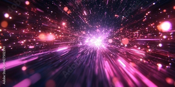 Fototapeta dynamic pink and purple light burst in space with sparkles and motion effect