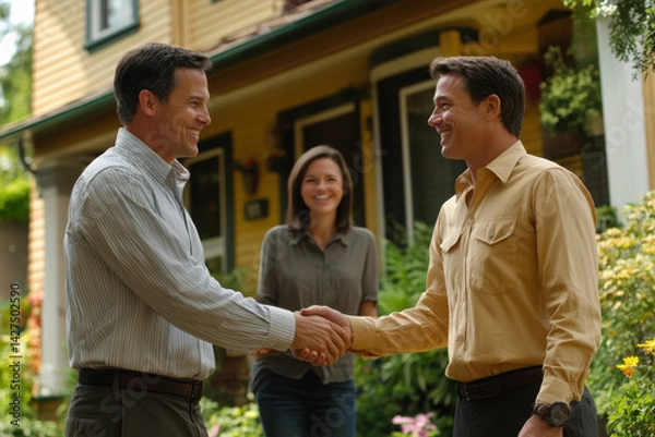 Fototapeta Man and woman shake hands in front of house.