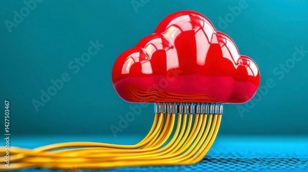 Fototapeta Abstract Red Cloud Connected to Yellow Cables on Teal Background