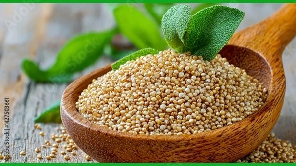 Fototapeta Amaranth Seeds in Wooden Spoon with Green Leaves