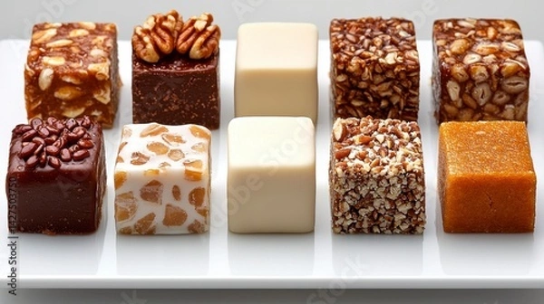 Fototapeta Array of Gourmet Candies featuring Nut Brittles Creamy Fudge and Sesame Squares on White