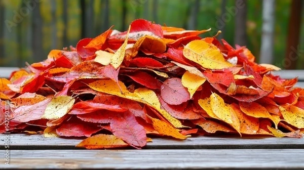 Fototapeta Autumn Leaf Pile Red and Gold Fall Foliage on Weathered Wood