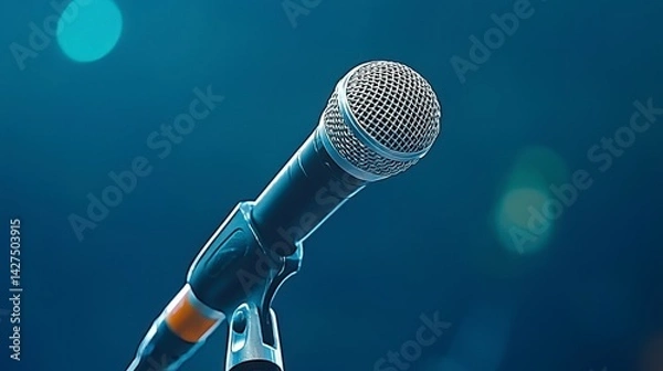 Fototapeta Black Microphone on Stand Against Dark Blue Bokeh Background