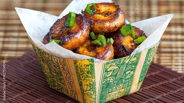 Fototapeta Caramelized Banana Slices with Green Onions in Decorative Cup