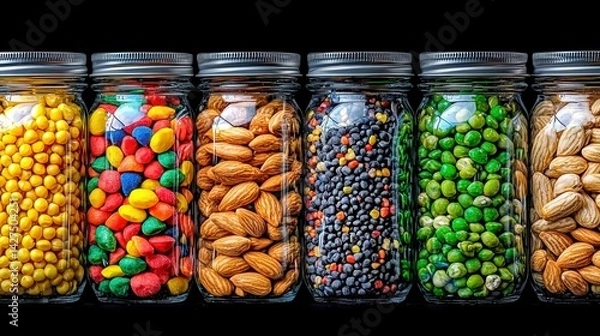 Fototapeta Colorful Legumes and Seeds in Glass Jars on Dark Background Display
