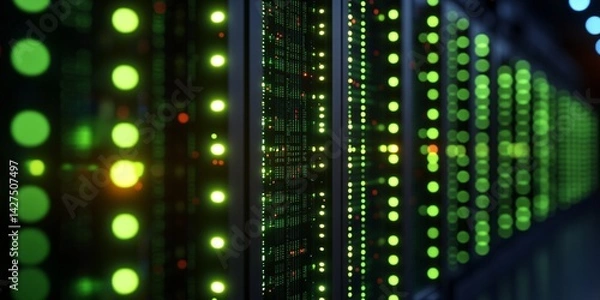 Obraz high-tech data center with green led lights and server racks for digital infrastructure and cloud computing
