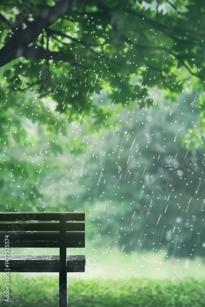 Fototapeta A peaceful yet lonely anime-style scene of an empty bench under a tree.