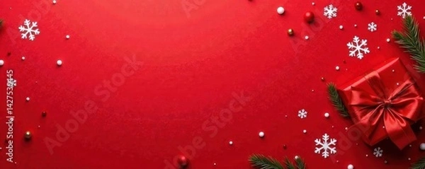 Fototapeta Bright red wrapping paper with scattered snowflakes, snow, holiday