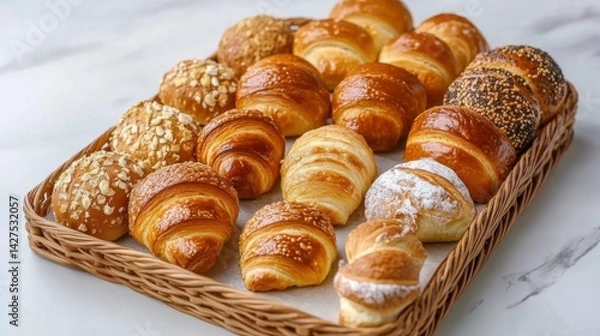 Obraz Freshly baked croissants with sesame seeds in a basket.