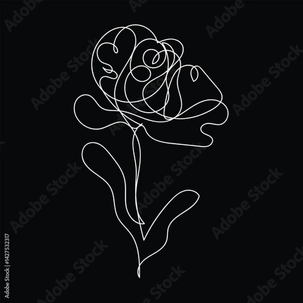 Fototapeta Abstract Single Line Flower Drawing Minimalist Black Background