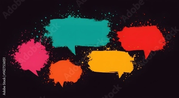 Fototapeta communication concept, neon colors, Colorful speech bubbles symbolize diverse marketing feedback and communication.splatter paint effect, colorful speech bubbles, red orange teal pink yellow