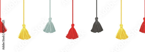 Fototapeta Vector Colorful Decorative Tassels With Ropes Horizontal Seamless Repeat Border Pattern. Great for handmade cards, invitations, wallpaper, packaging, nursery designs.