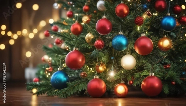 Obraz Vibrant baubles adorn a Christmas tree, bokeh lights glow ,  shine,  holiday lights,  blurred
