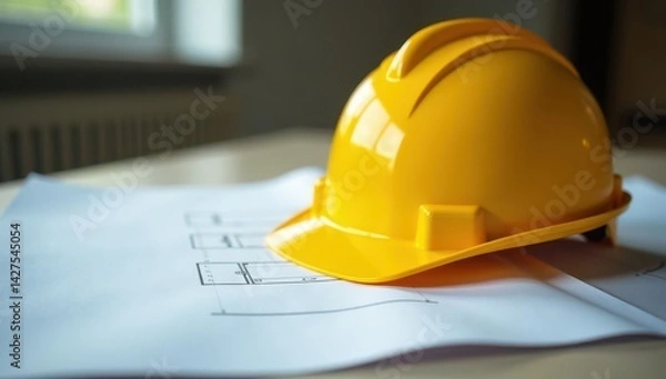 Obraz Yellow hard hat on blueprints, construction site office , site, industry