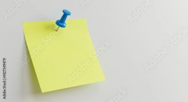 Fototapeta A bright yellow note is held to a white surface by a blue pushpin, ready for a message or reminder.