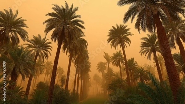 Fototapeta Dust Storm Engulfing Palm Oasis Pathway