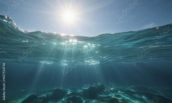 Obraz Azure ocean's surface, sun rays illuminate underwater scene, gentle waves ripple , sea, calm