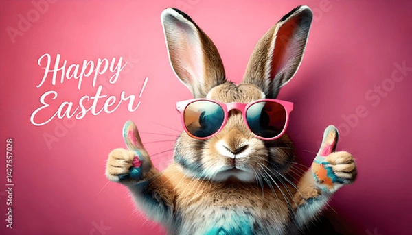 Fototapeta Rabbit 2 Thumbs up With Happy Easter Text Pink Background